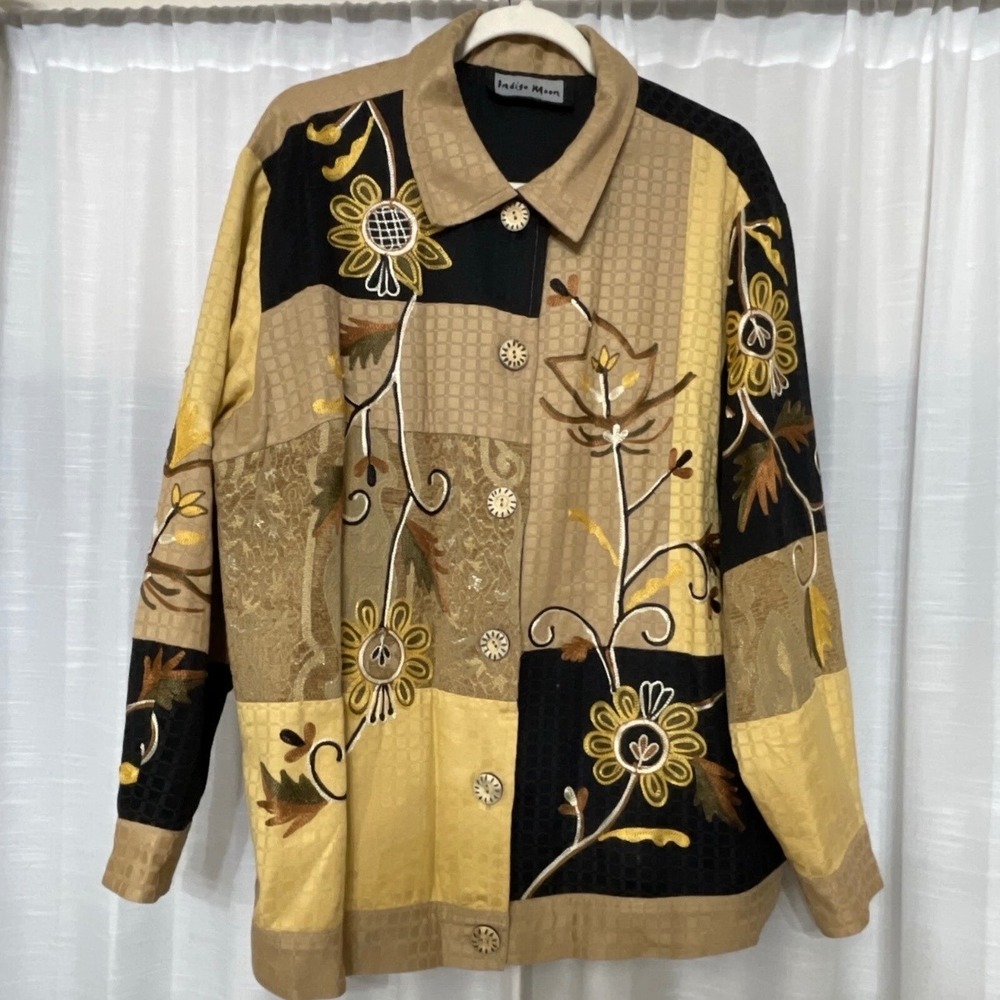 Indigo Moon Jacket Women L Embroidered Patchwork Silk Blend Tan Black Floral